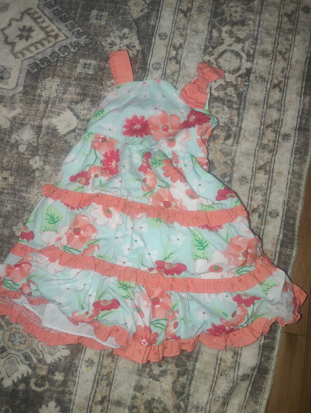 Penelope Mack Aqua Floral Sundress with Coral Trim